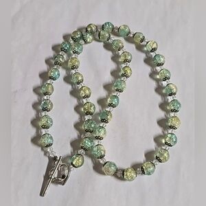 Beaded Crackel Glass Necklace Sterling Silver Toggle Clasp Design  21in Long